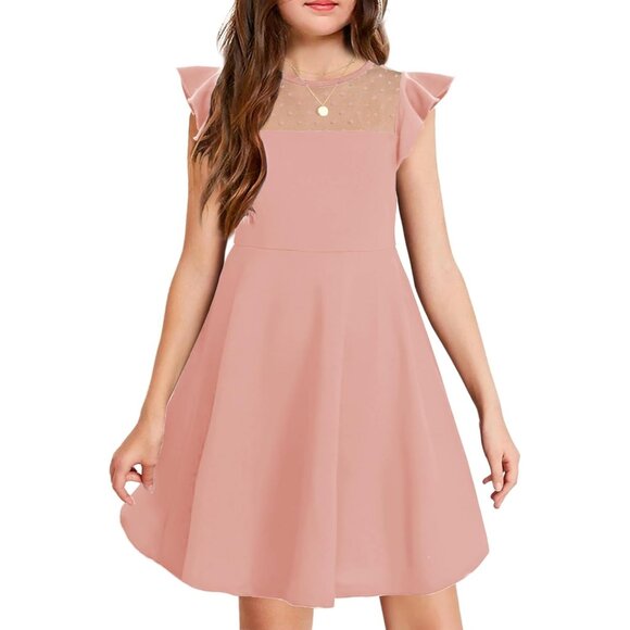 🆕Girl Pink Polyester  Summer Ruffle Sleeve Mesh A Line Casual Party Dress - Picture 1 of 6